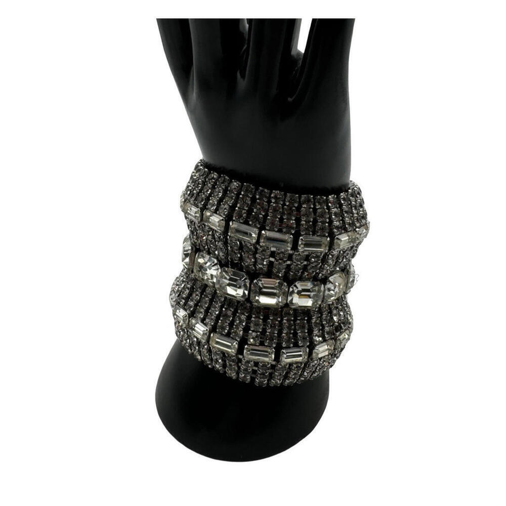 Vintage Unsigned Deco Wide Clear Rhinestone Statement Bracelet